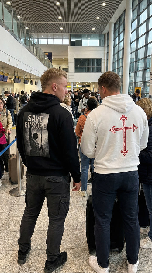 Weißer Crux Hoodie mit rotem Kreuz-Rückendruck