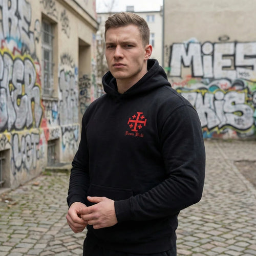 Mann trägt den schwarzen Deus Vult Hoodie