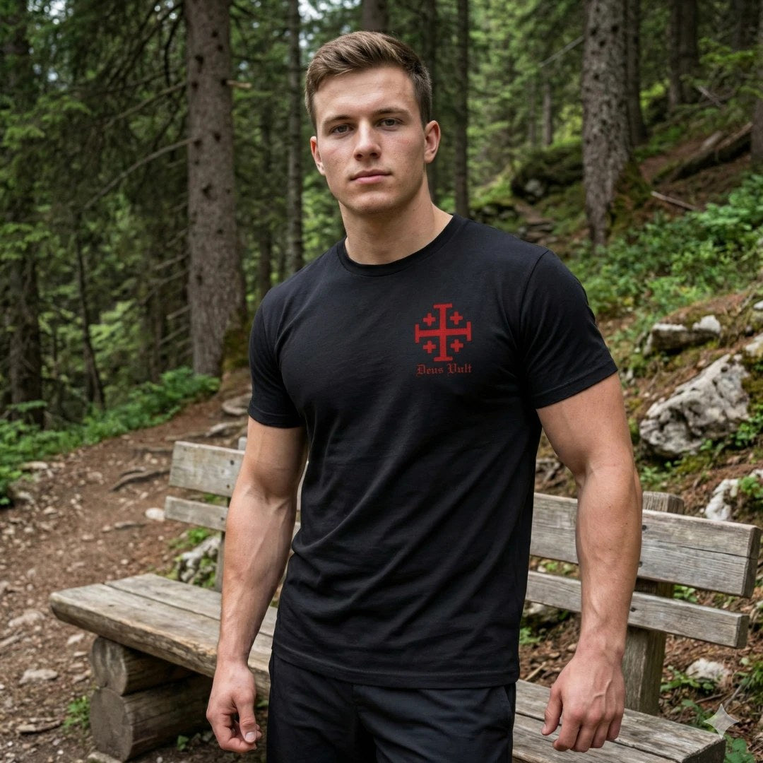 Mann trägt das schwarze Deus Vult T-Shirt im Wald