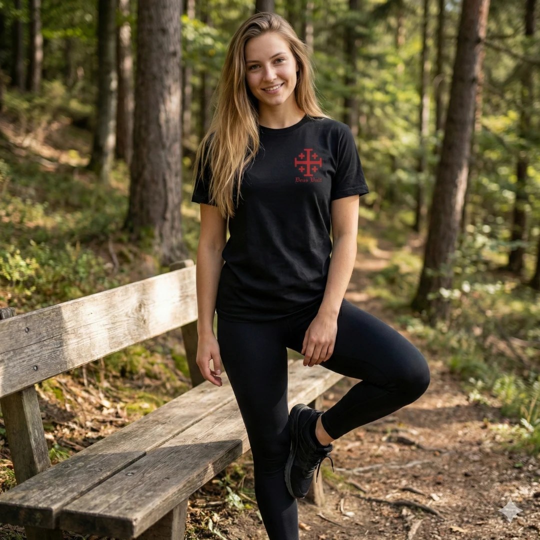 Frau trägt das schwarze Deus Vult T-Shirt im Wald