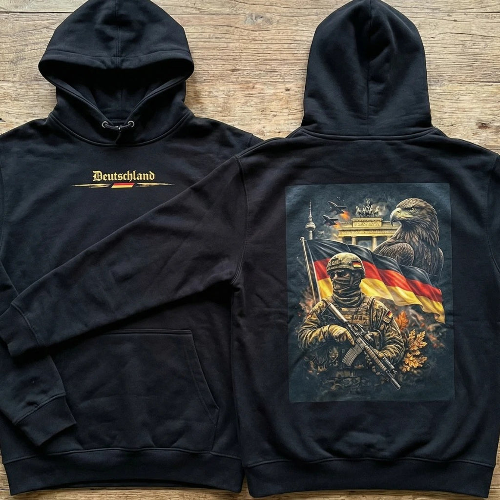 Deutschland Hoodie Schwarz – Vorder- und Rückseite flach liegend