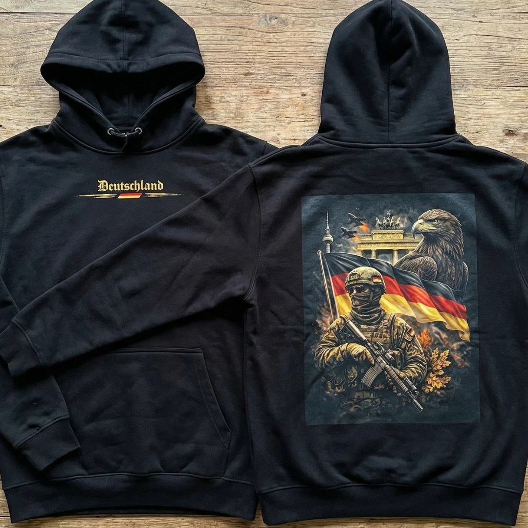 Deutschland Hoodie Schwarz – Vorder- und Rückseite flach liegend