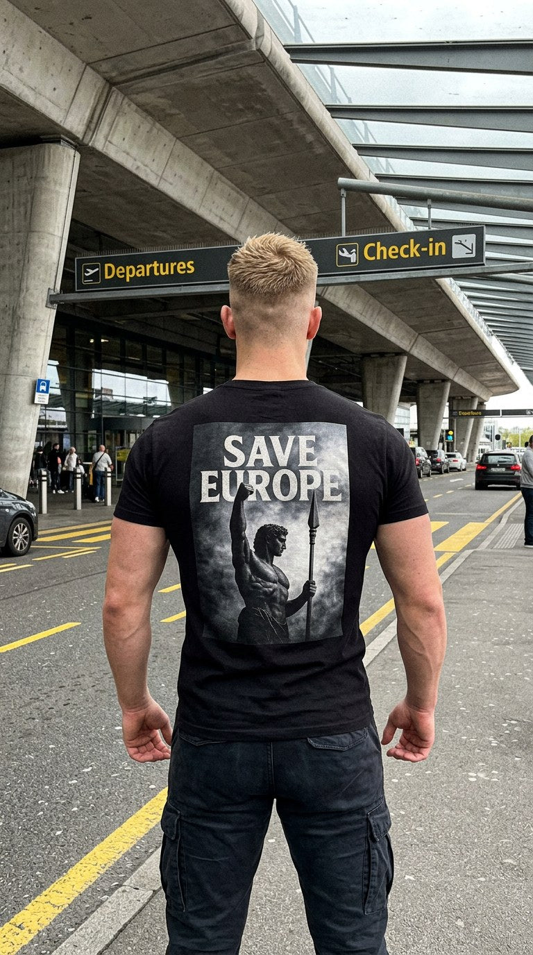 Schwarzes Save Europe T-Shirt von hinten getragen