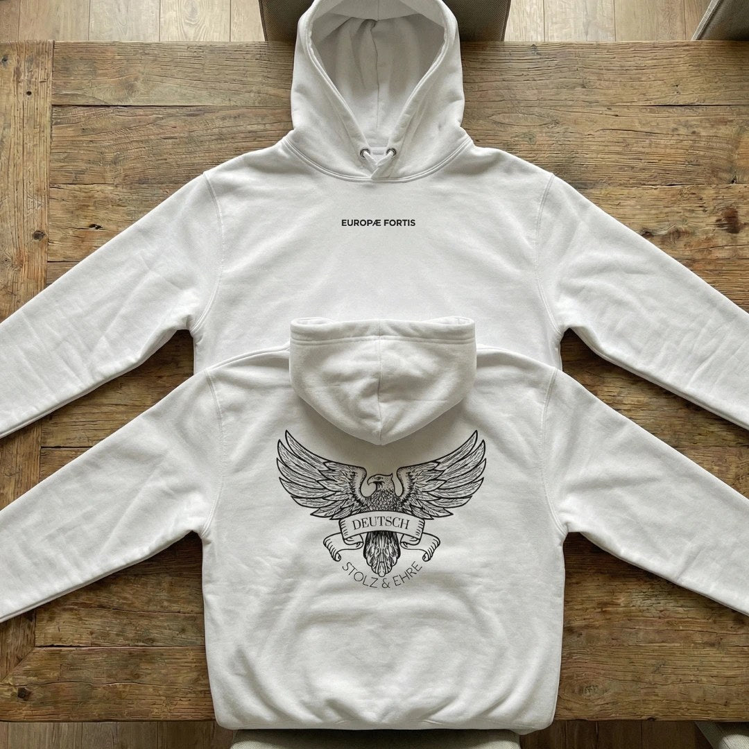 Weißer Hoodie mit Adler-Rückendruck, Vorder- und Rückseite