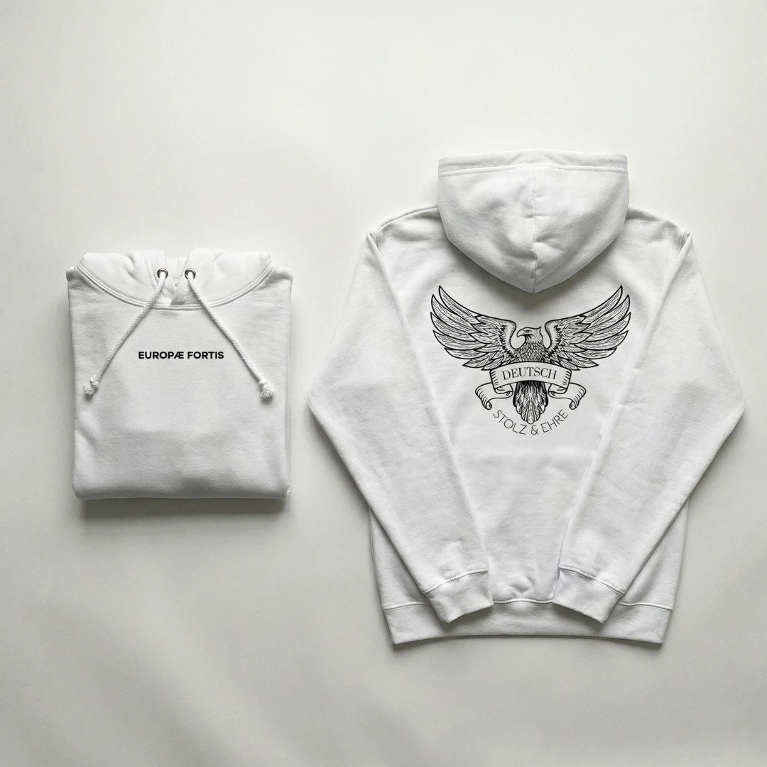 Weißer Hoodie gefaltet mit Europæ-Fortis-Brustdruck